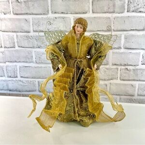 Vintage Christmas Tree Topper Angel Gold and Green 11.5 Inches